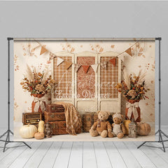 Aperturee - Aperturee Rustic Autumn Photography Backdrop with Plaid Screen Vintage Suitcases Pumpkins and Teddy Bears for Fall Portraits