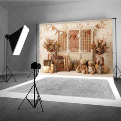 Aperturee - Aperturee Rustic Autumn Photography Backdrop with Plaid Screen Vintage Suitcases Pumpkins and Teddy Bears for Fall Portraits