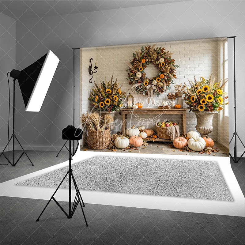 Aperturee - Aperturee Rustic Autumn Photography Backdrop with Sunflowers Pumpkins and a Festive Fall Wreath White Brick Wall Decor