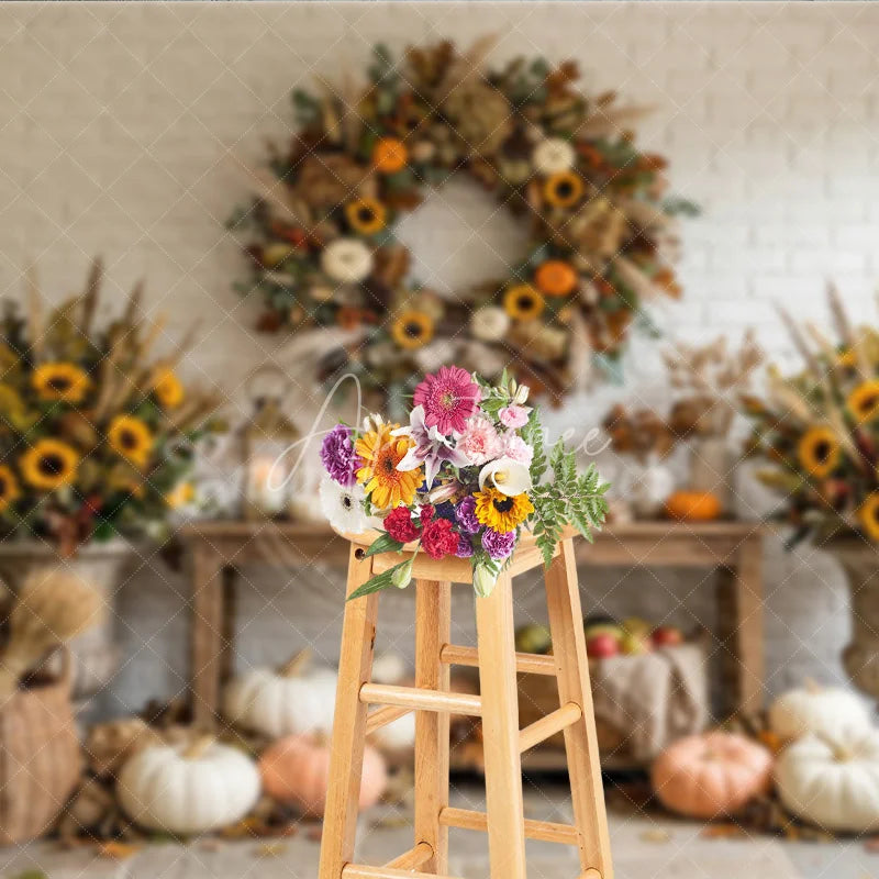Aperturee - Aperturee Rustic Autumn Photography Backdrop with Sunflowers Pumpkins and a Festive Fall Wreath White Brick Wall Decor