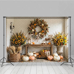 Aperturee - Aperturee Rustic Autumn Photography Backdrop with Sunflowers Pumpkins and a Festive Fall Wreath White Brick Wall Decor