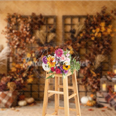 Aperturee - Aperturee Rustic Autumn Photography Backdrop with Vibrant Fall Foliage Pampas Grass and Cozy Lanterns Harvest Decor