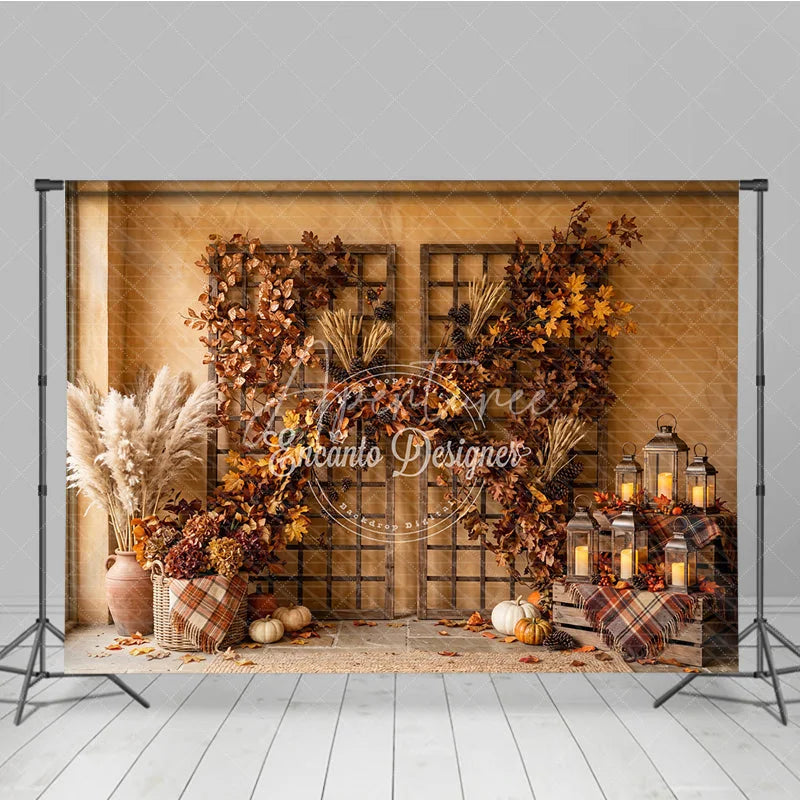 Aperturee - Aperturee Rustic Autumn Photography Backdrop with Vibrant Fall Foliage Pampas Grass and Cozy Lanterns Harvest Decor