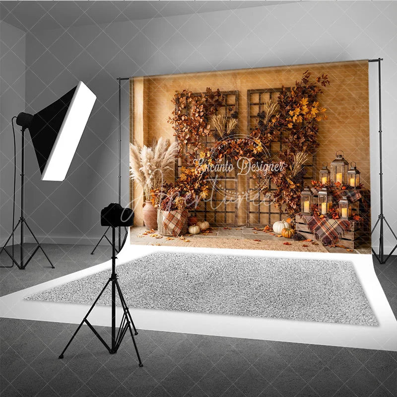 Aperturee - Aperturee Rustic Autumn Photography Backdrop with Vibrant Fall Foliage Pampas Grass and Cozy Lanterns Harvest Decor
