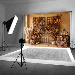 Aperturee - Aperturee Rustic Autumn Photography Backdrop with Vibrant Fall Foliage Pampas Grass and Cozy Lanterns Harvest Decor
