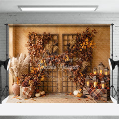 Aperturee - Aperturee Rustic Autumn Photography Backdrop with Vibrant Fall Foliage Pampas Grass and Cozy Lanterns Harvest Decor