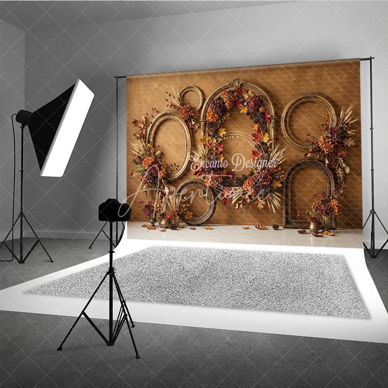Aperturee - Aperturee Rustic Autumn Photography Backdrop with Vintage Golden Frames Fall Leaves Pinecones and Wheat for Seasonal Portraits