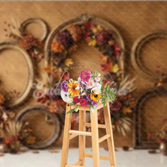 Aperturee - Aperturee Rustic Autumn Photography Backdrop with Vintage Golden Frames Fall Leaves Pinecones and Wheat for Seasonal Portraits