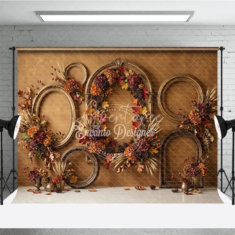 Aperturee - Aperturee Rustic Autumn Photography Backdrop with Vintage Golden Frames Fall Leaves Pinecones and Wheat for Seasonal Portraits