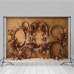 Aperturee - Aperturee Rustic Autumn Photography Backdrop with Vintage Golden Frames Fall Leaves Pinecones and Wheat for Seasonal Portraits
