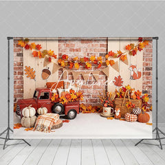 Aperturee - Aperturee Rustic Autumn Red Truck and Pumpkins Photography Backdrop with Brick Wall and Maple Leaves Fall Harvest Seasonal Decor