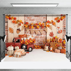 Aperturee - Aperturee Rustic Autumn Red Truck and Pumpkins Photography Backdrop with Brick Wall and Maple Leaves Fall Harvest Seasonal Decor