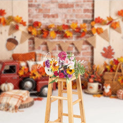 Aperturee - Aperturee Rustic Autumn Red Truck and Pumpkins Photography Backdrop with Brick Wall and Maple Leaves Fall Harvest Seasonal Decor