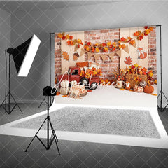 Aperturee - Aperturee Rustic Autumn Red Truck and Pumpkins Photography Backdrop with Brick Wall and Maple Leaves Fall Harvest Seasonal Decor