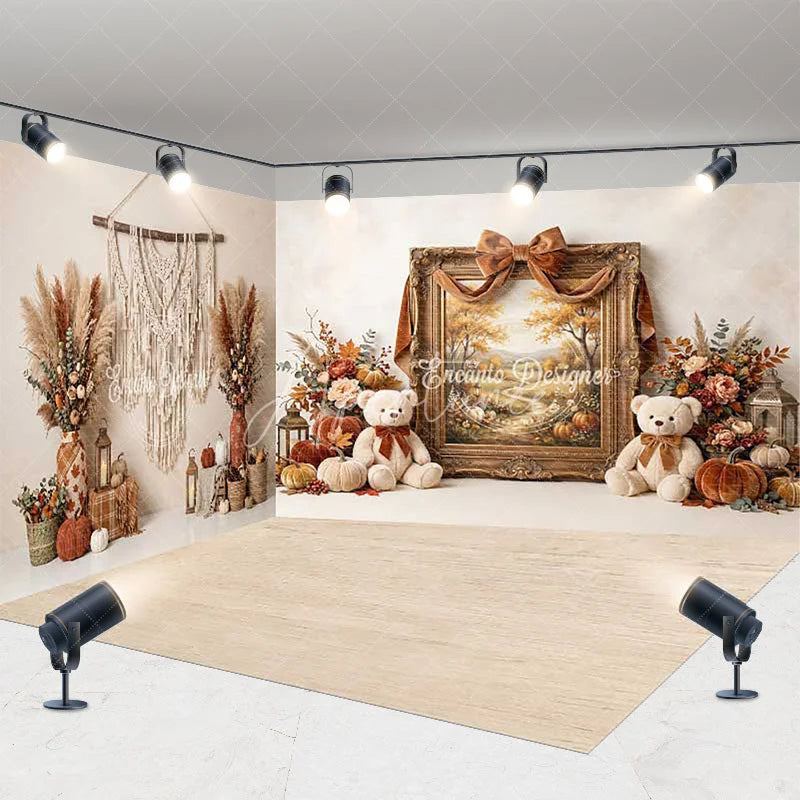 Aperturee - Aperturee Rustic Autumn Room Set Backdrop with Fall Landscape Painting Teddy Bears and Pumpkins for Thanksgiving Photoshoot