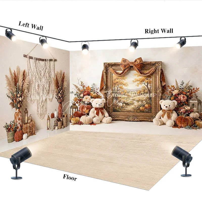 Aperturee - Aperturee Rustic Autumn Room Set Backdrop with Fall Landscape Painting Teddy Bears and Pumpkins for Thanksgiving Photoshoot