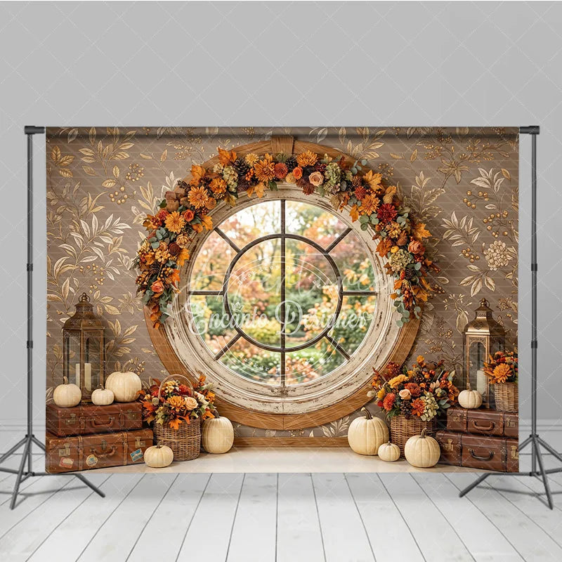 Aperturee - Aperturee Rustic Autumn Round Window Photography Backdrop with Fall Garland Pumpkins and Vintage Suitcases for Photoshoots