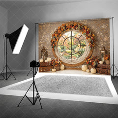 Aperturee - Aperturee Rustic Autumn Round Window Photography Backdrop with Fall Garland Pumpkins and Vintage Suitcases for Photoshoots
