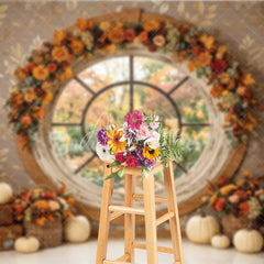 Aperturee - Aperturee Rustic Autumn Round Window Photography Backdrop with Fall Garland Pumpkins and Vintage Suitcases for Photoshoots