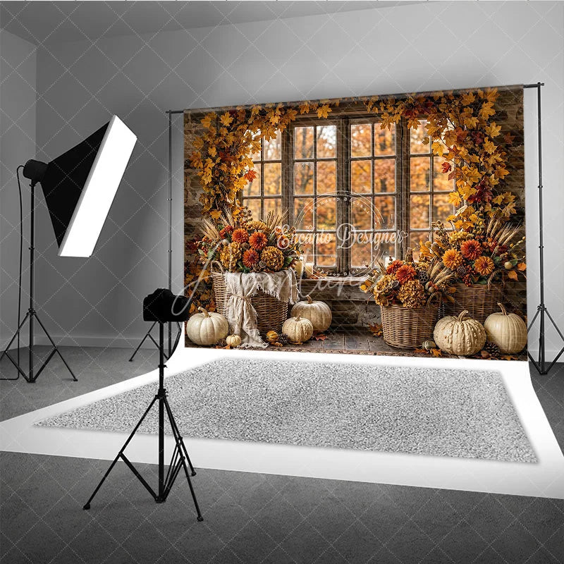 Aperturee - Aperturee Rustic Autumn Window Photography Backdrop with Golden Leaves and Pumpkins Fall Harvest Decor