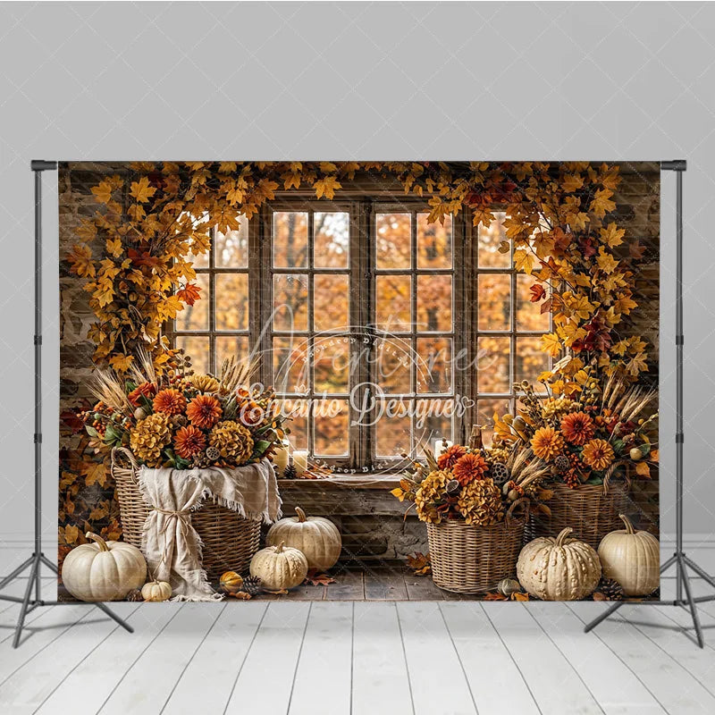 Aperturee - Aperturee Rustic Autumn Window Photography Backdrop with Golden Leaves and Pumpkins Fall Harvest Decor