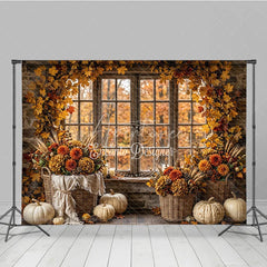 Aperturee - Aperturee Rustic Autumn Window Photography Backdrop with Golden Leaves and Pumpkins Fall Harvest Decor