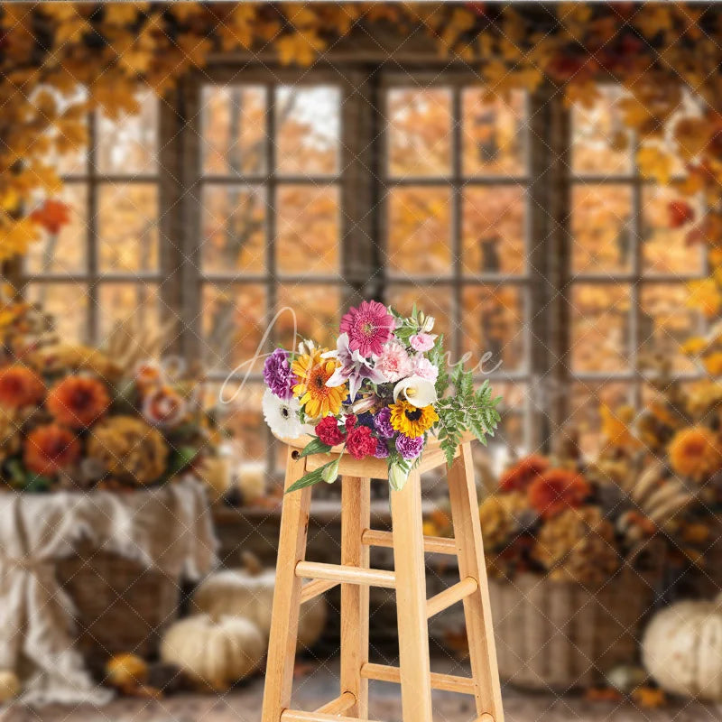 Aperturee - Aperturee Rustic Autumn Window Photography Backdrop with Golden Leaves and Pumpkins Fall Harvest Decor