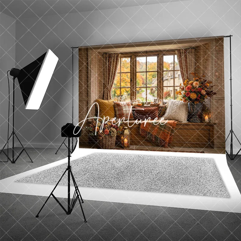 Aperturee - Aperturee Rustic Autumn Window Seat Photography Backdrop Fall Foliage and Pumpkins with Cozy Plaid Decor for Seasonal Portraits