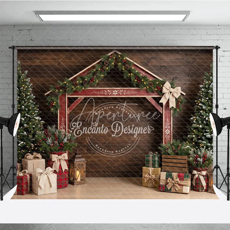 Aperturee - Aperturee Rustic Barn Arch Holiday Backdrop with Pine Garlands Red Berries Christmas Trees and Wrapped Gifts