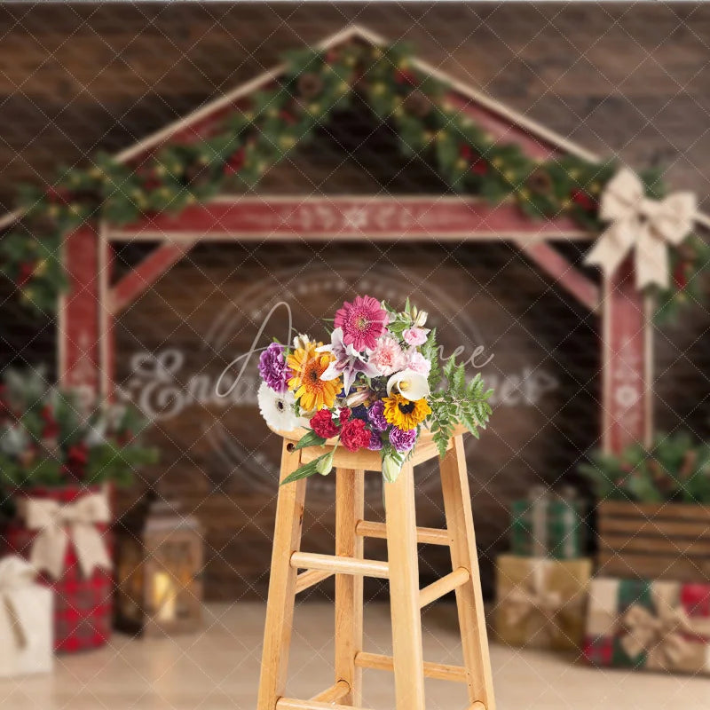 Aperturee - Aperturee Rustic Barn Arch Holiday Backdrop with Pine Garlands Red Berries Christmas Trees and Wrapped Gifts