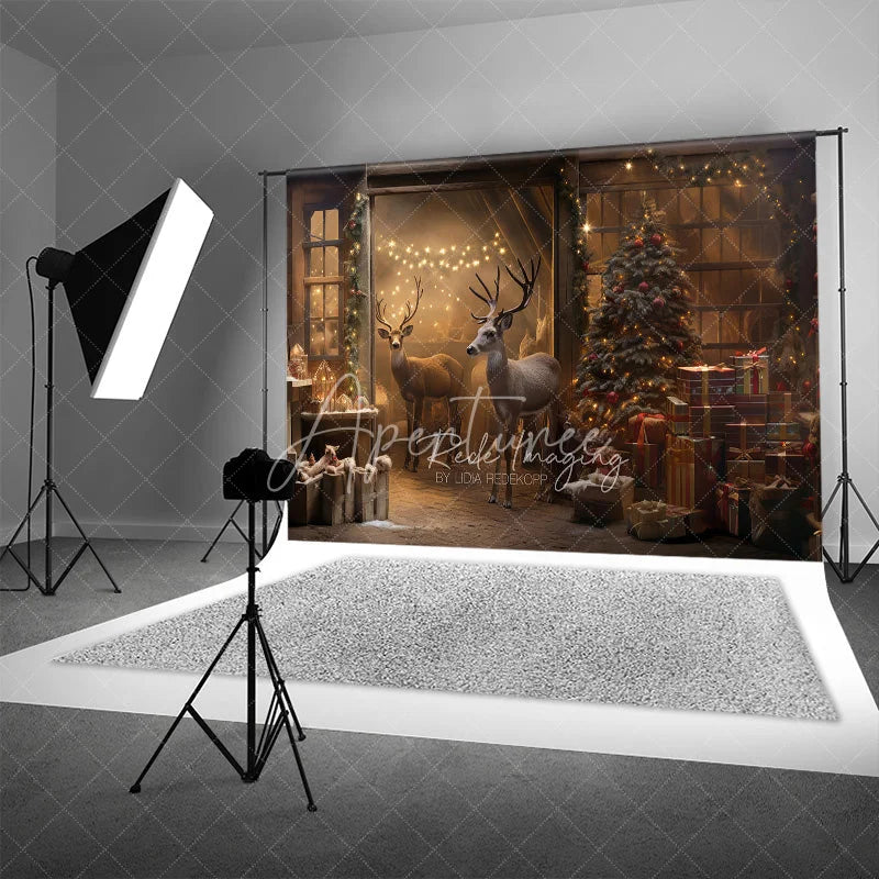 Aperturee - Aperturee Rustic Barn Christmas Backdrop Reindeer Tree Gift Photography Background Farmhouse Animal Winter Holiday Party