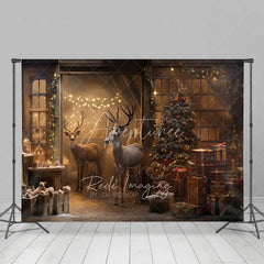 Aperturee - Aperturee Rustic Barn Christmas Backdrop Reindeer Tree Gift Photography Background Farmhouse Animal Winter Holiday Party