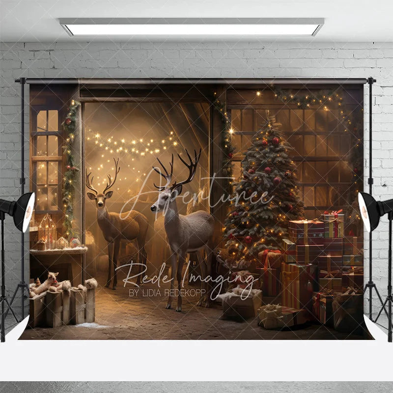 Aperturee - Aperturee Rustic Barn Christmas Backdrop Reindeer Tree Gift Photography Background Farmhouse Animal Winter Holiday Party