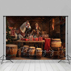 Aperturee - Aperturee Rustic Barn Christmas Backdrop White Horses Drums Gifts Stable Interior Photo Background