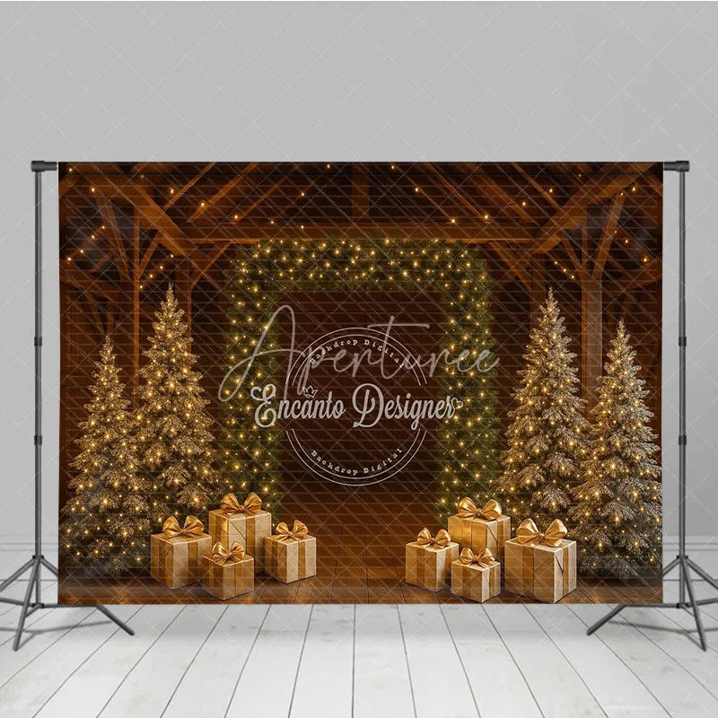 Aperturee - Aperturee Rustic Barn Christmas Photography Backdrop String Light Wall with Gold Presents Farmhouse Holiday Background