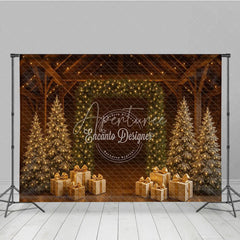 Aperturee - Aperturee Rustic Barn Christmas Photography Backdrop String Light Wall with Gold Presents Farmhouse Holiday Background