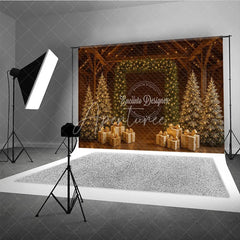 Aperturee - Aperturee Rustic Barn Christmas Photography Backdrop String Light Wall with Gold Presents Farmhouse Holiday Background