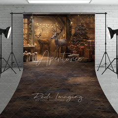 Aperturee - Aperturee Rustic Barn Christmas Sweep Backdrop Reindeer Tree Gift Photography Background Farmhouse Animal Winter Holiday Party