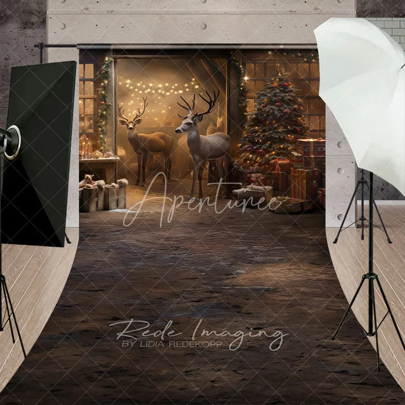 Aperturee - Aperturee Rustic Barn Christmas Sweep Backdrop Reindeer Tree Gift Photography Background Farmhouse Animal Winter Holiday Party
