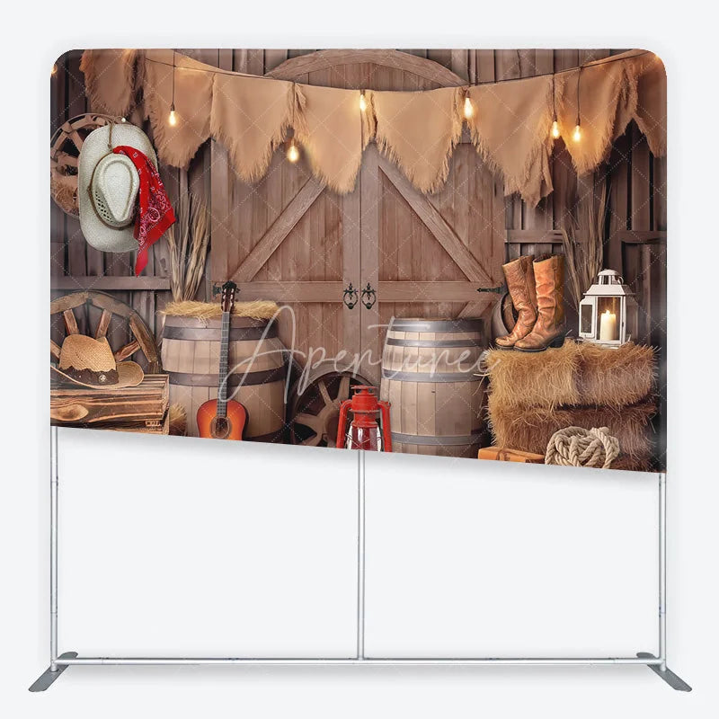 Aperturee - Aperturee Rustic Barn Cowboy Theme Square Double-Sided Backdrop with Hay Bales and String Lights Western Party Photography Decor