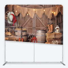 Aperturee - Aperturee Rustic Barn Cowboy Theme Square Double-Sided Backdrop with Hay Bales and String Lights Western Party Photography Decor