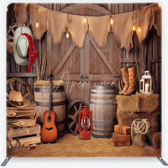 Aperturee - Aperturee Rustic Barn Cowboy Theme Square Double-Sided Backdrop with Hay Bales and String Lights Western Party Photography Decor
