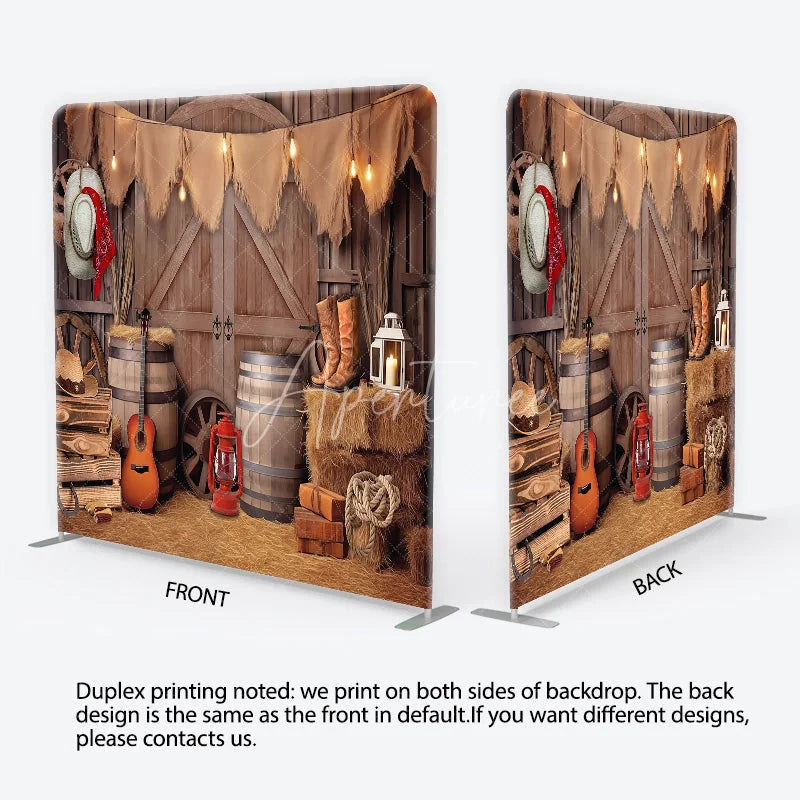 Aperturee - Aperturee Rustic Barn Cowboy Theme Square Double-Sided Backdrop with Hay Bales and String Lights Western Party Photography Decor