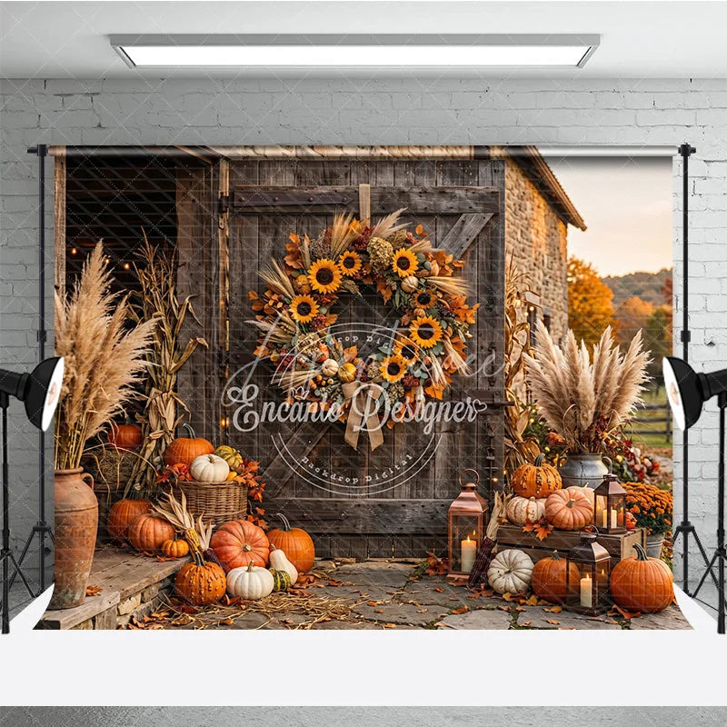 Aperturee - Aperturee Rustic Barn Door Autumn Photography Backdrop with Sunflowers Pumpkins Pampas Grass and Cozy Fall Harvest Decor