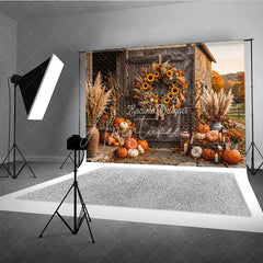 Aperturee - Aperturee Rustic Barn Door Autumn Photography Backdrop with Sunflowers Pumpkins Pampas Grass and Cozy Fall Harvest Decor