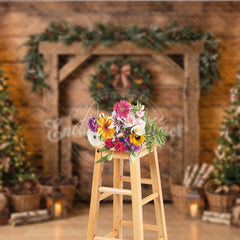 Aperturee - Aperturee Rustic Barn Door Holiday Backdrop with Decorated Christmas Trees Festive Wreath and Cozy Gifts Scene