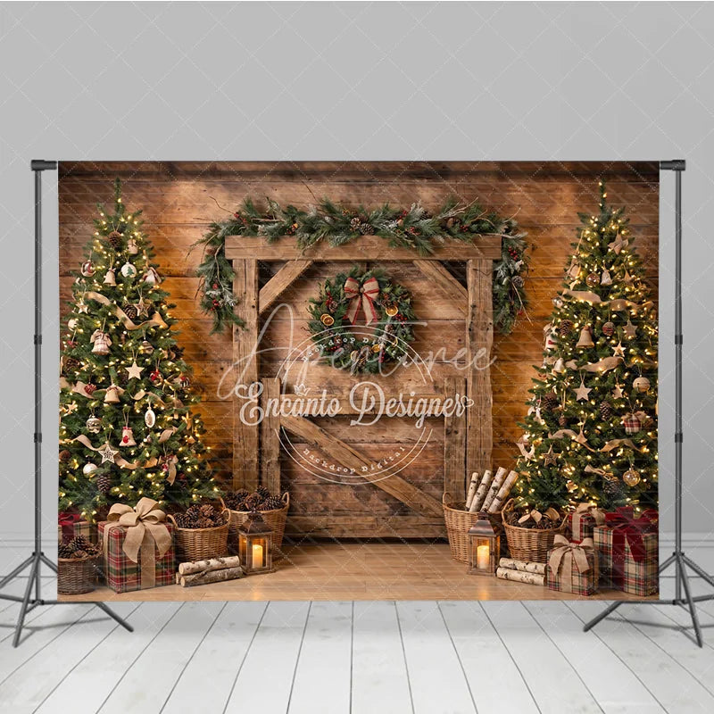 Aperturee - Aperturee Rustic Barn Door Holiday Backdrop with Decorated Christmas Trees Festive Wreath and Cozy Gifts Scene