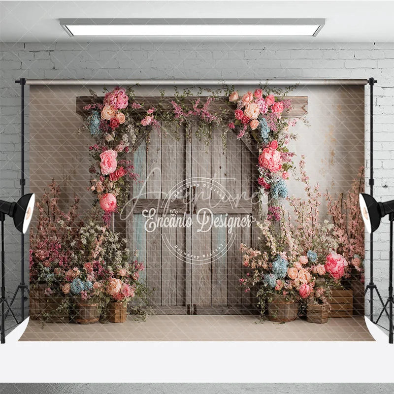 Aperturee - Aperturee Rustic Barn Door Photography Backdrop Spring Floral Arch with Pink Roses Farmhouse Wedding Photo Background