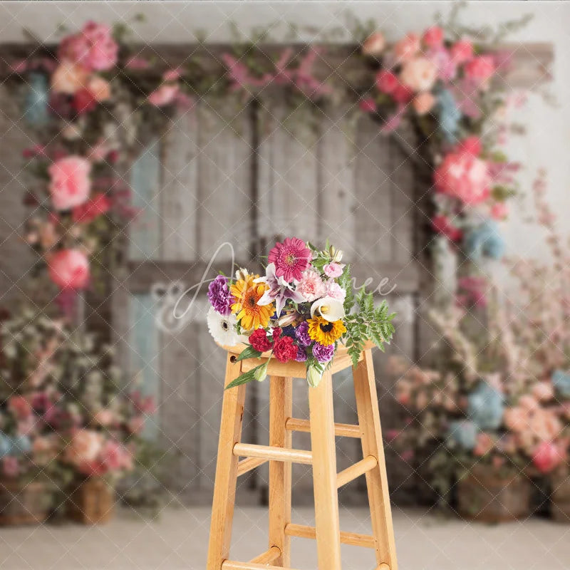 Aperturee - Aperturee Rustic Barn Door Photography Backdrop Spring Floral Arch with Pink Roses Farmhouse Wedding Photo Background