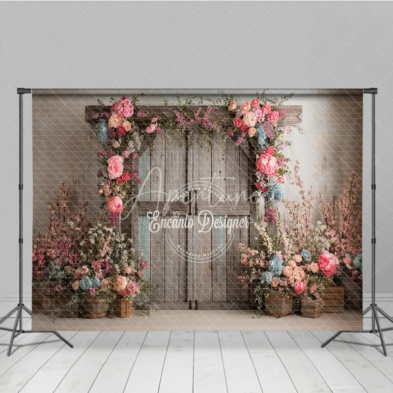 Aperturee - Aperturee Rustic Barn Door Photography Backdrop Spring Floral Arch with Pink Roses Farmhouse Wedding Photo Background